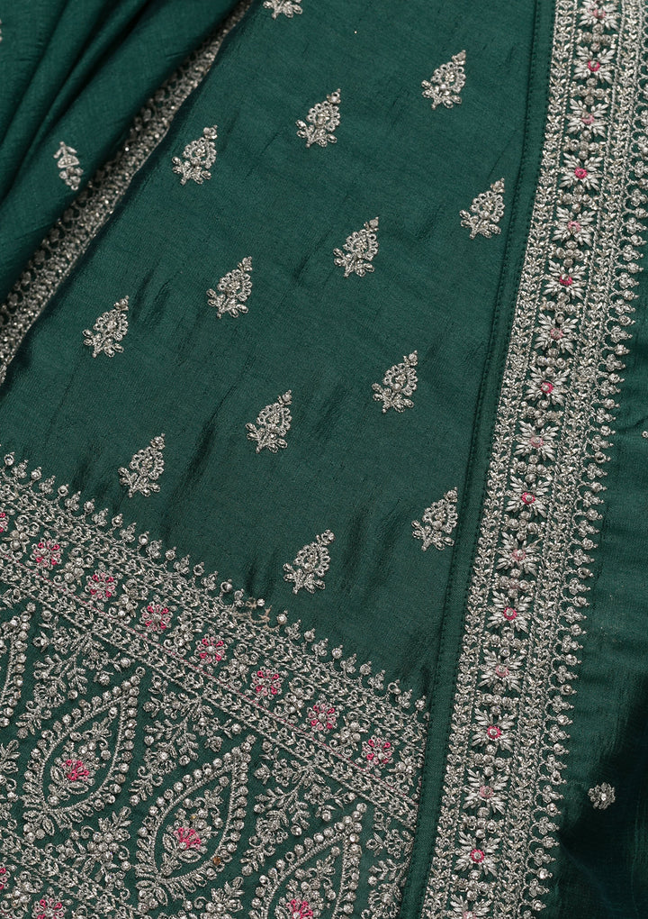 Bottle Green Zariwork Raw Silk Unstitched Salwar Suit