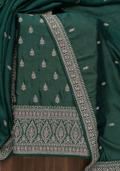 Bottle Green Zariwork Raw Silk Unstitched Salwar Suit
