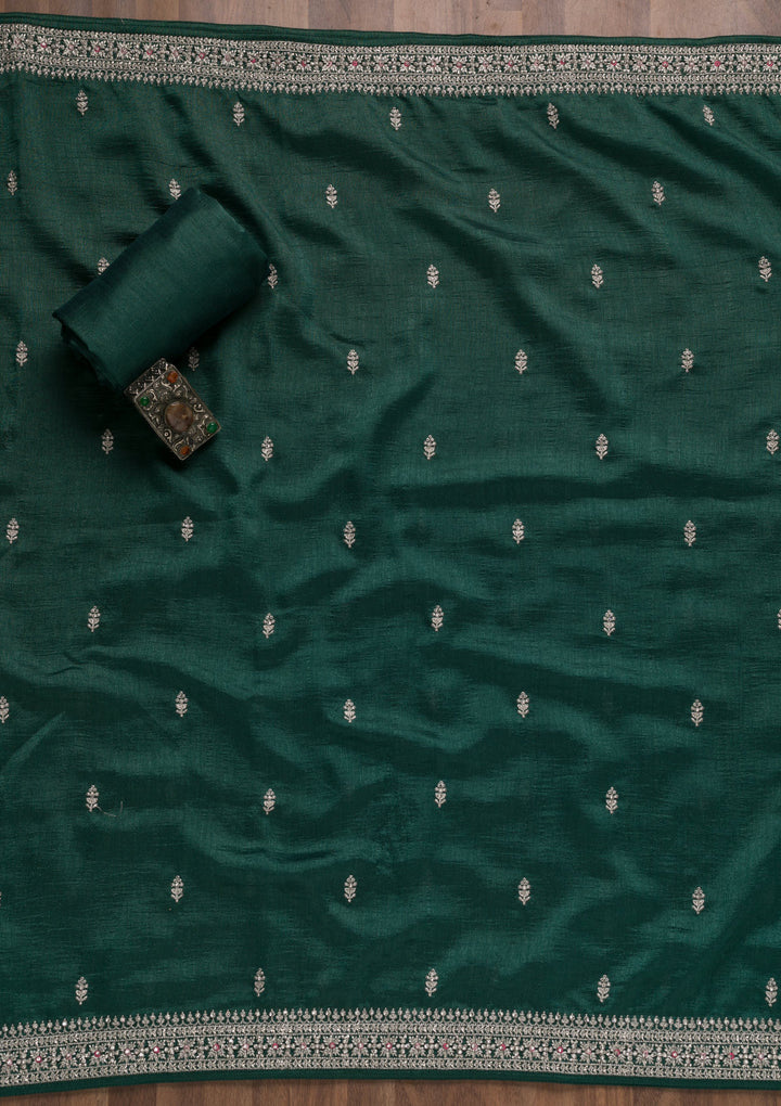 Bottle Green Zariwork Raw Silk Unstitched Salwar Suit