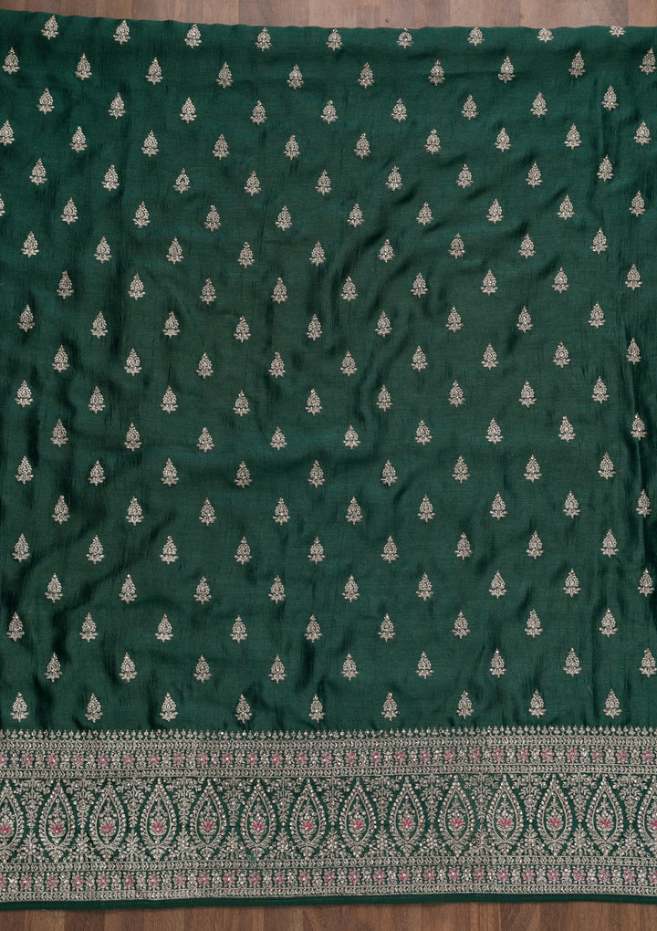Bottle Green Zariwork Raw Silk Unstitched Salwar Suit