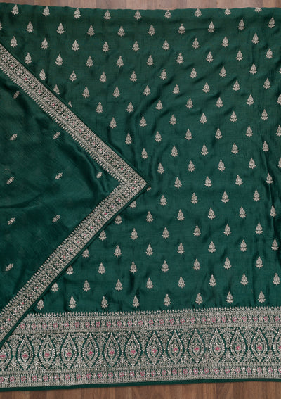 Bottle Green Zariwork Raw Silk Unstitched Salwar Suit