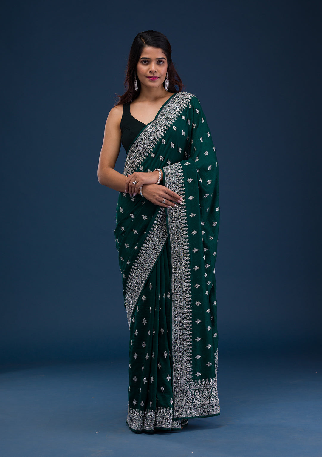Bottle Green Zariwork Raw Silk Saree