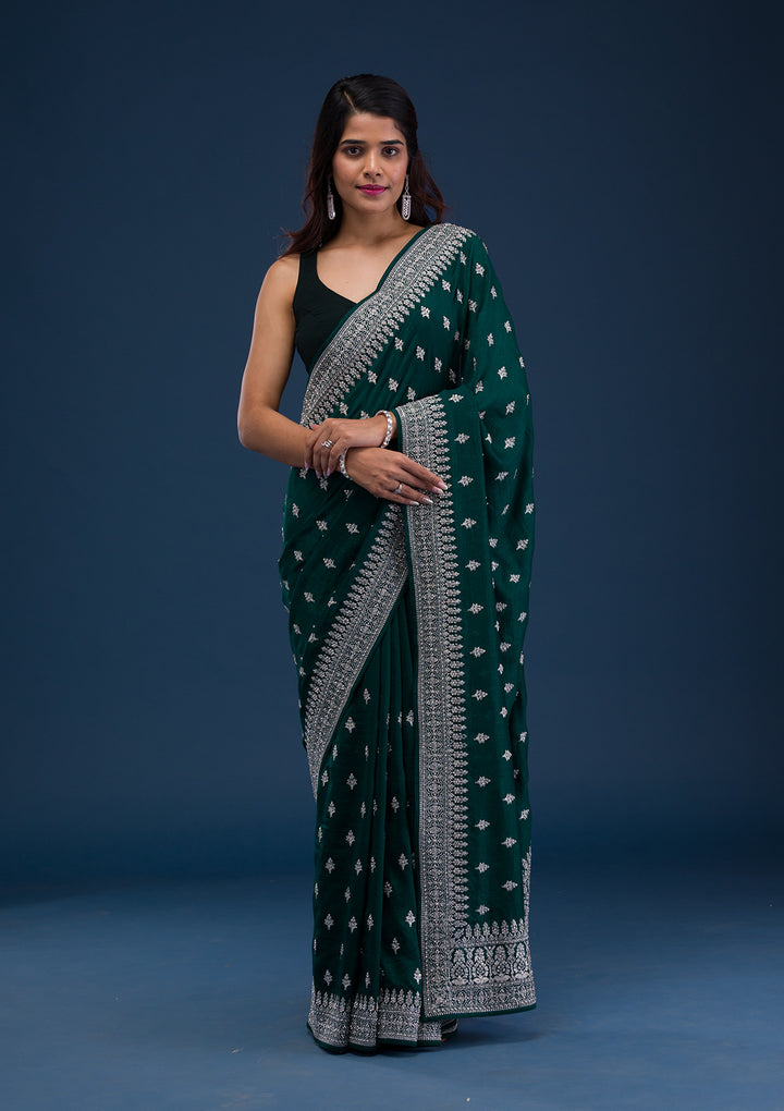 Bottle Green Zariwork Raw Silk Saree