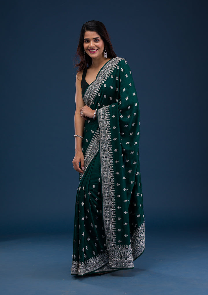 Bottle Green Zariwork Raw Silk Saree