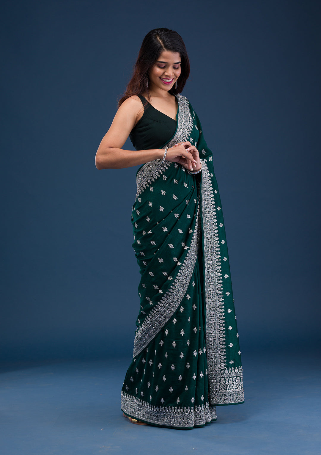 Bottle Green Zariwork Raw Silk Saree