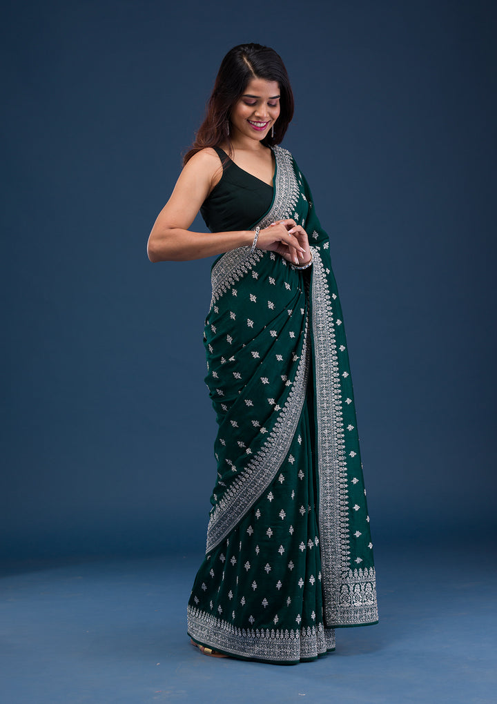 Bottle Green Zariwork Raw Silk Saree