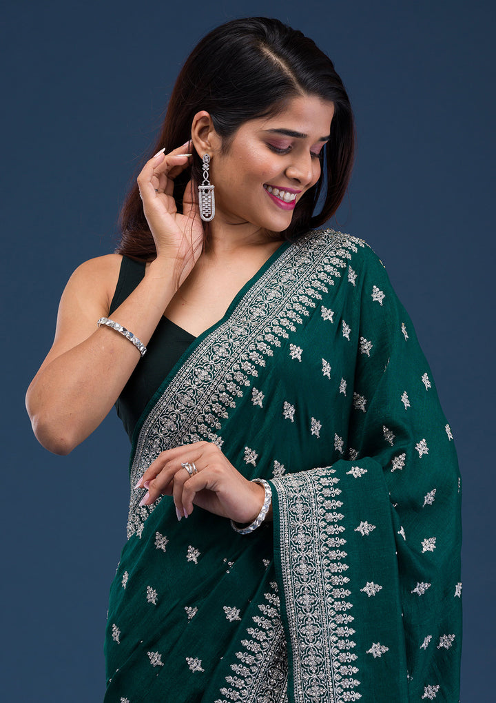 Bottle Green Zariwork Raw Silk Saree