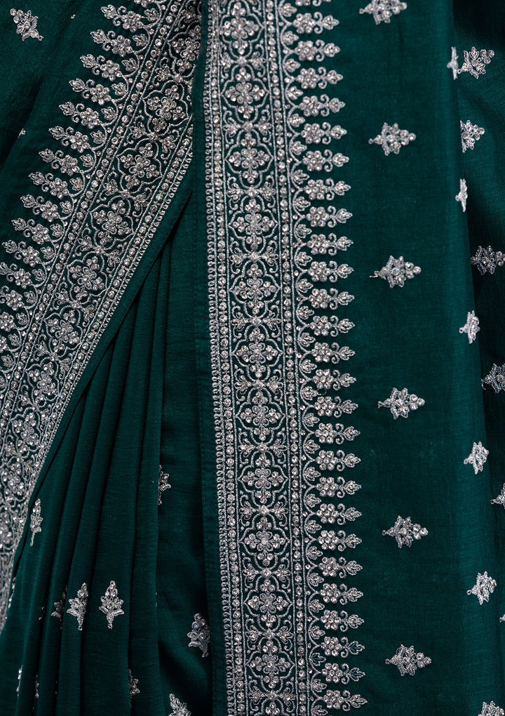 Bottle Green Zariwork Raw Silk Saree