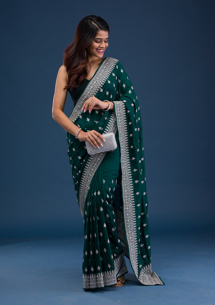 Bottle Green Zariwork Raw Silk Saree