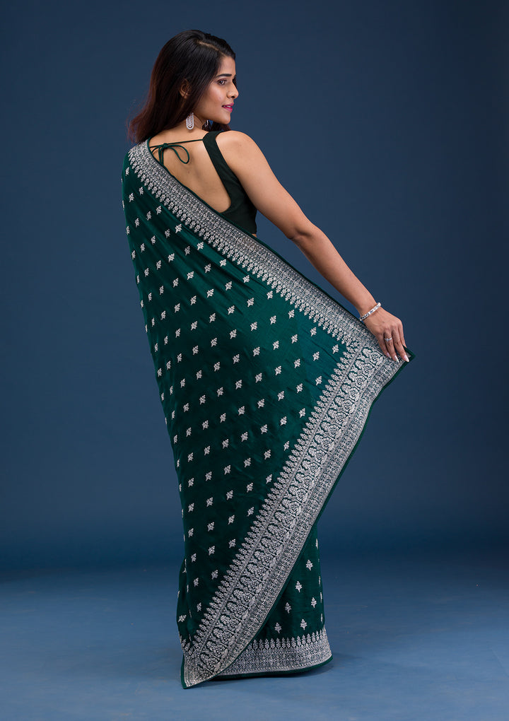 Bottle Green Zariwork Raw Silk Saree