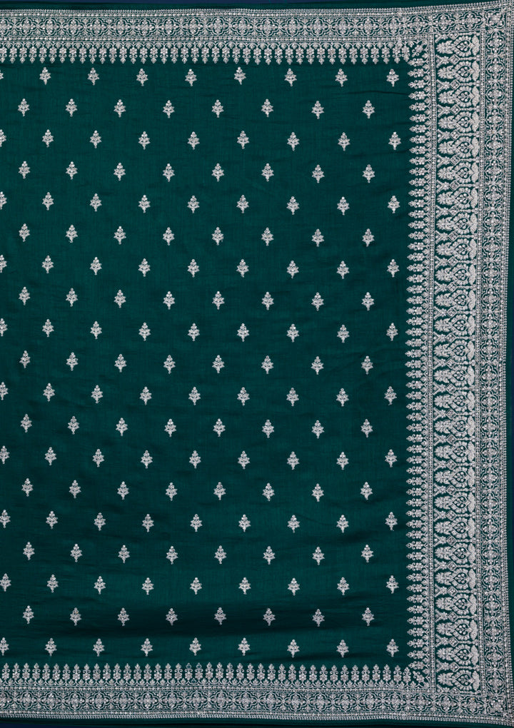 Bottle Green Zariwork Raw Silk Saree