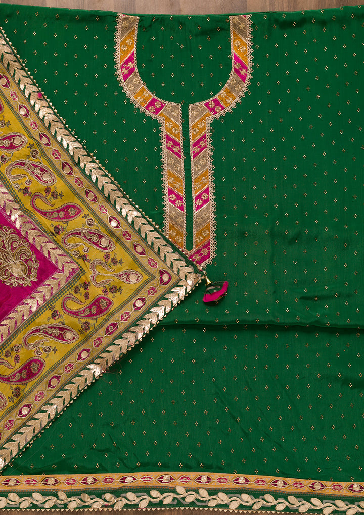 Bottle Green Zariwork Semi Crepe Unstitched Salwar Suit