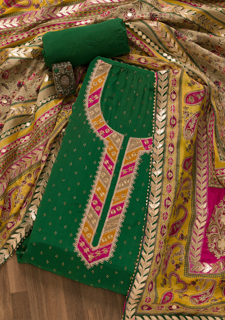 Bottle Green Zariwork Semi Crepe Unstitched Salwar Suit-Koskii