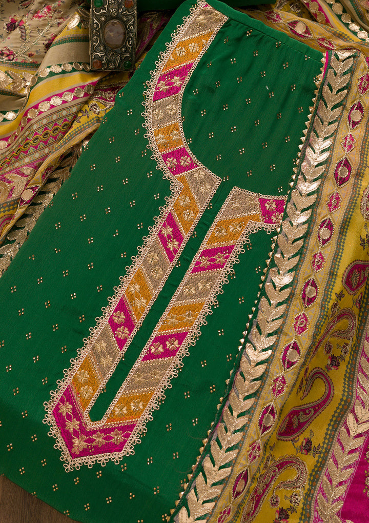 Bottle Green Zariwork Semi Crepe Unstitched Salwar Suit