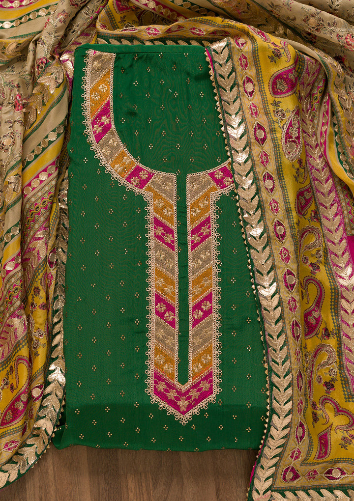 Bottle Green Zariwork Semi Crepe Unstitched Salwar Suit