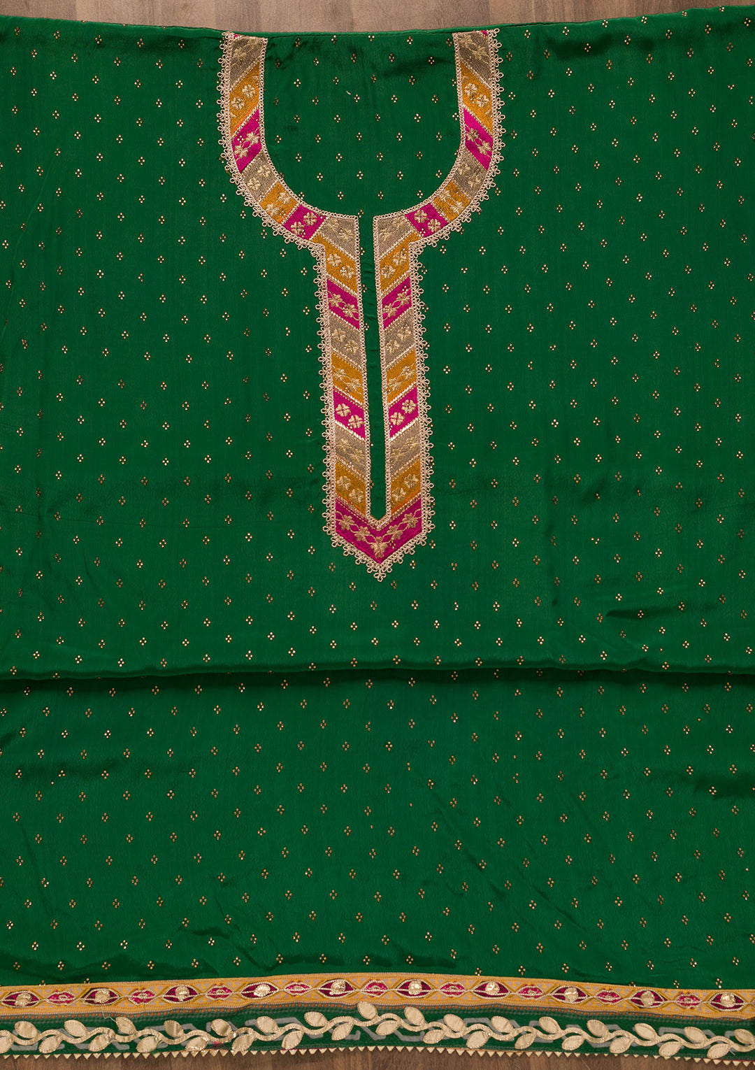 Bottle Green Zariwork Semi Crepe Unstitched Salwar Suit