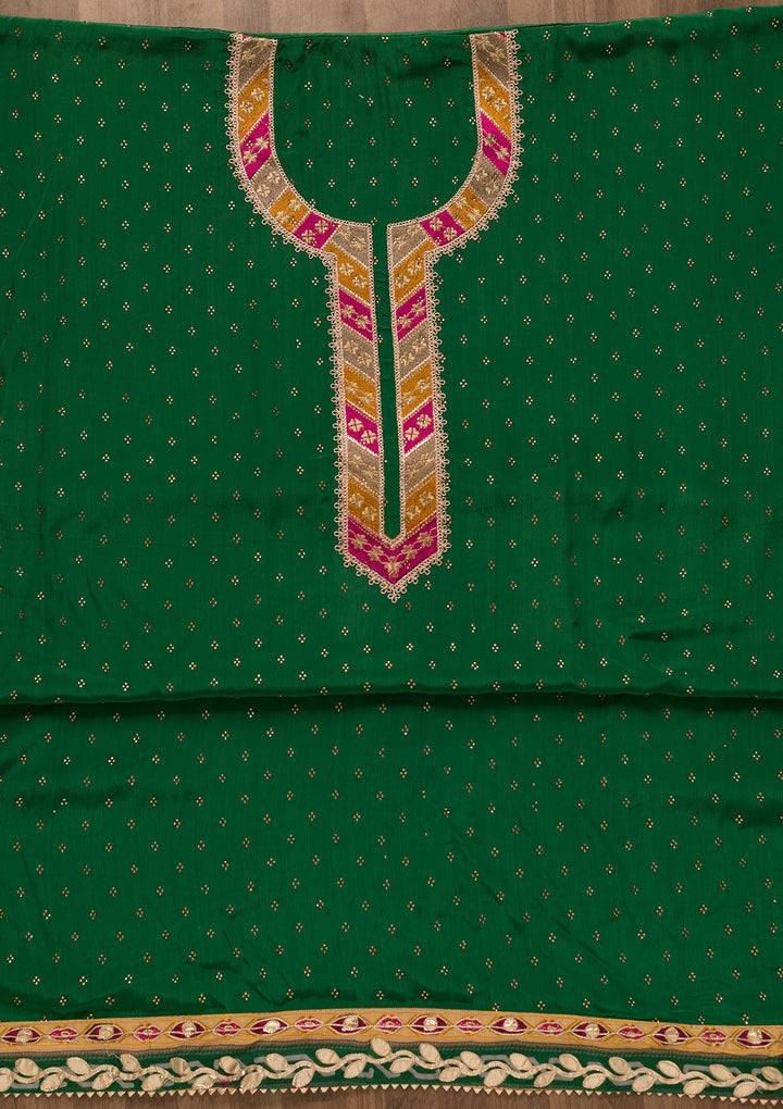 Bottle Green Zariwork Semi Crepe Unstitched Salwar Suit