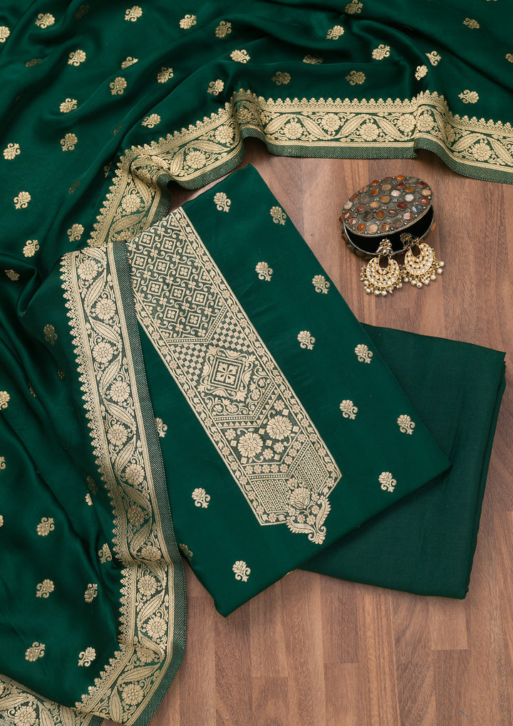 Bottle Green Zariwork Semi Crepe Unstitched Salwar Suit