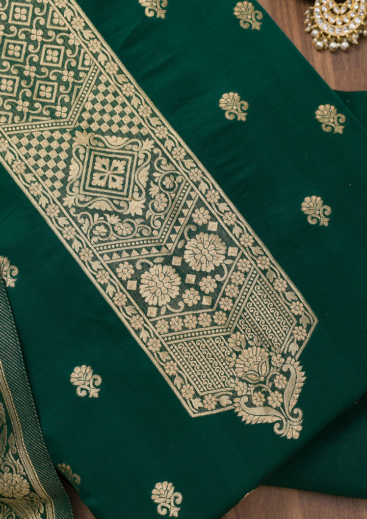Bottle Green Zariwork Semi Crepe Unstitched Salwar Suit