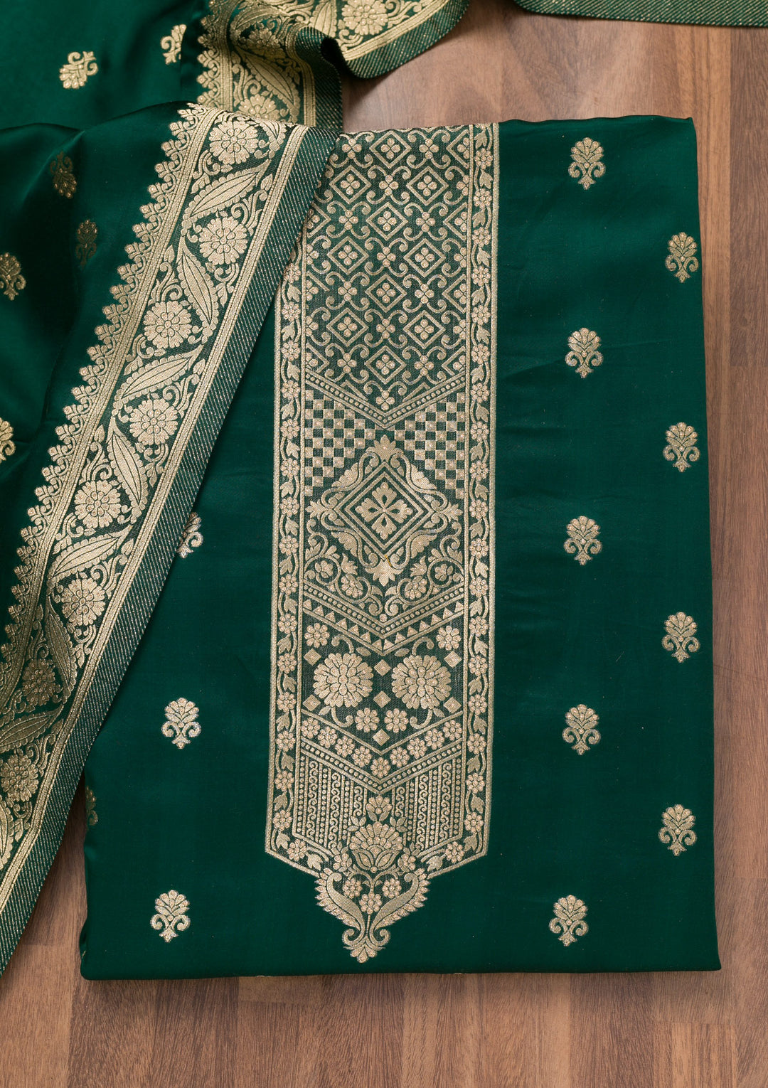 Bottle Green Zariwork Semi Crepe Unstitched Salwar Suit