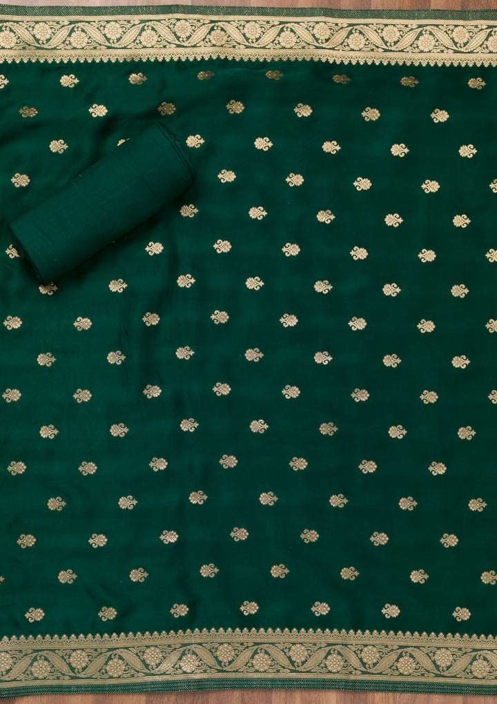 Bottle Green Zariwork Semi Crepe Unstitched Salwar Suit