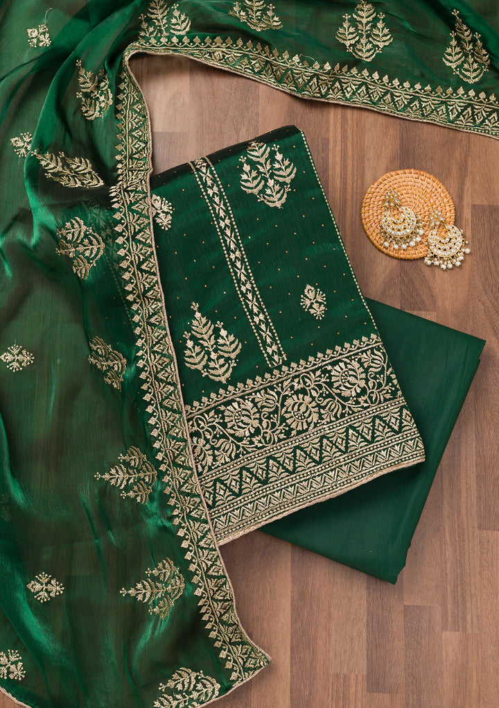 Bottle Green Zariwork Semi Crepe Unstitched Salwar Suit