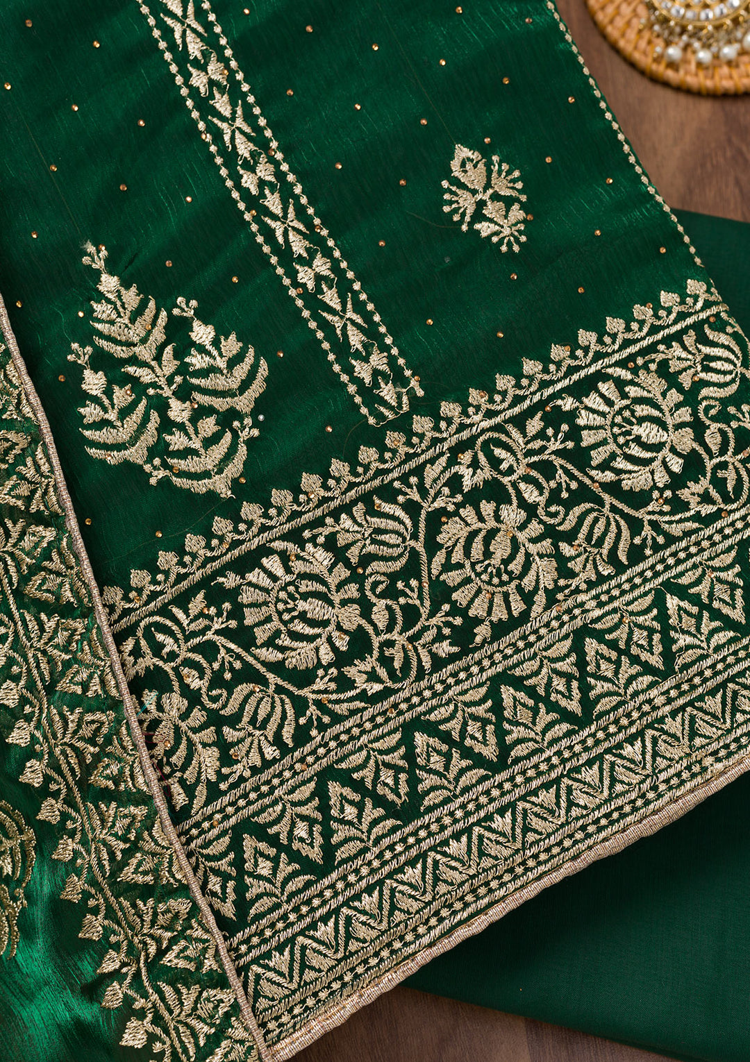 Bottle Green Zariwork Semi Crepe Unstitched Salwar Suit