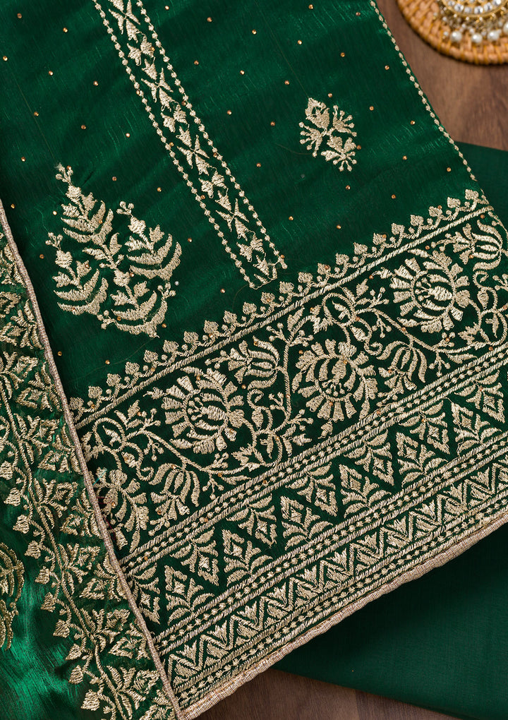 Bottle Green Zariwork Semi Crepe Unstitched Salwar Suit