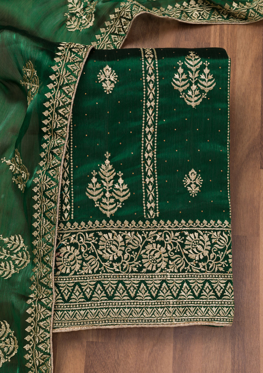 Bottle Green Zariwork Semi Crepe Unstitched Salwar Suit