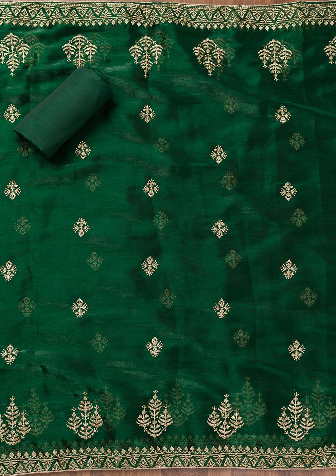 Bottle Green Zariwork Semi Crepe Unstitched Salwar Suit