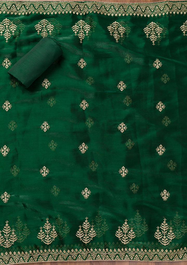 Bottle Green Zariwork Semi Crepe Unstitched Salwar Suit
