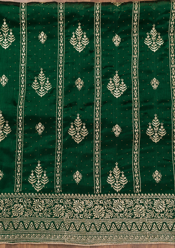 Bottle Green Zariwork Semi Crepe Unstitched Salwar Suit
