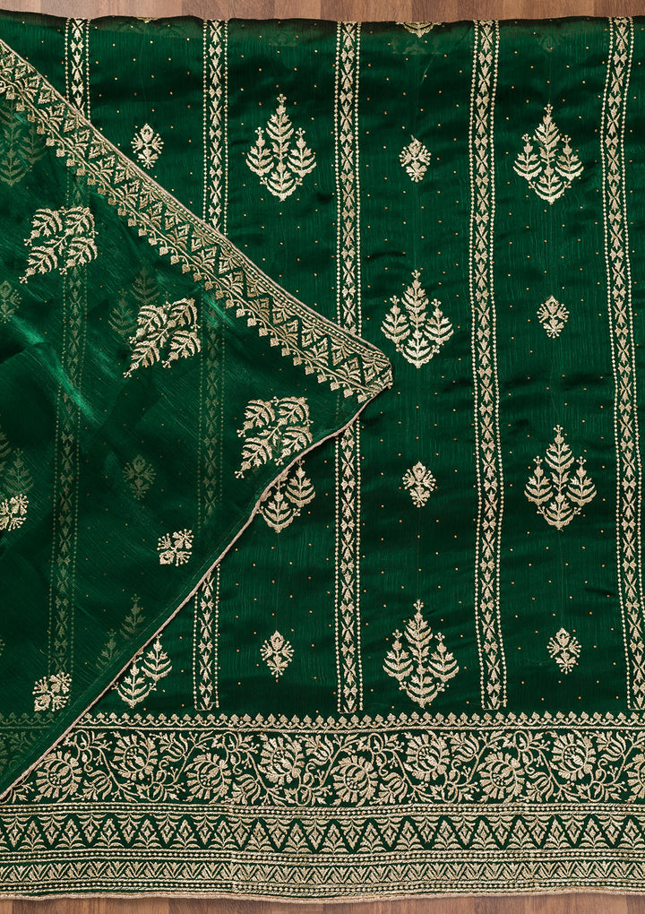 Bottle Green Zariwork Semi Crepe Unstitched Salwar Suit