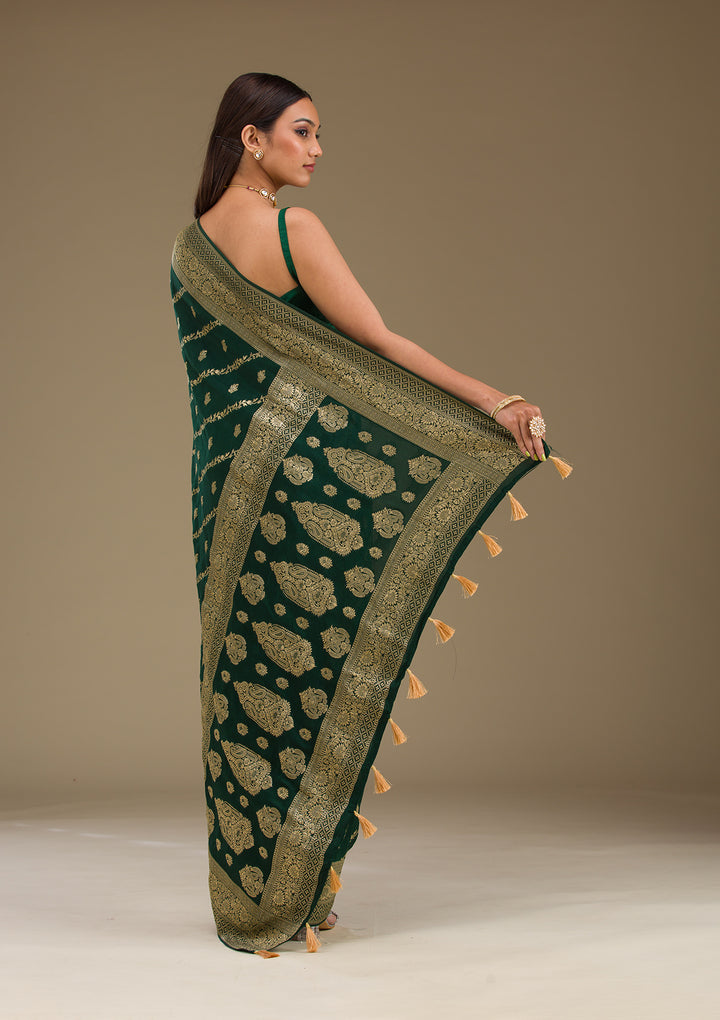 Bottle Green Zariwork Semi Crepe Saree