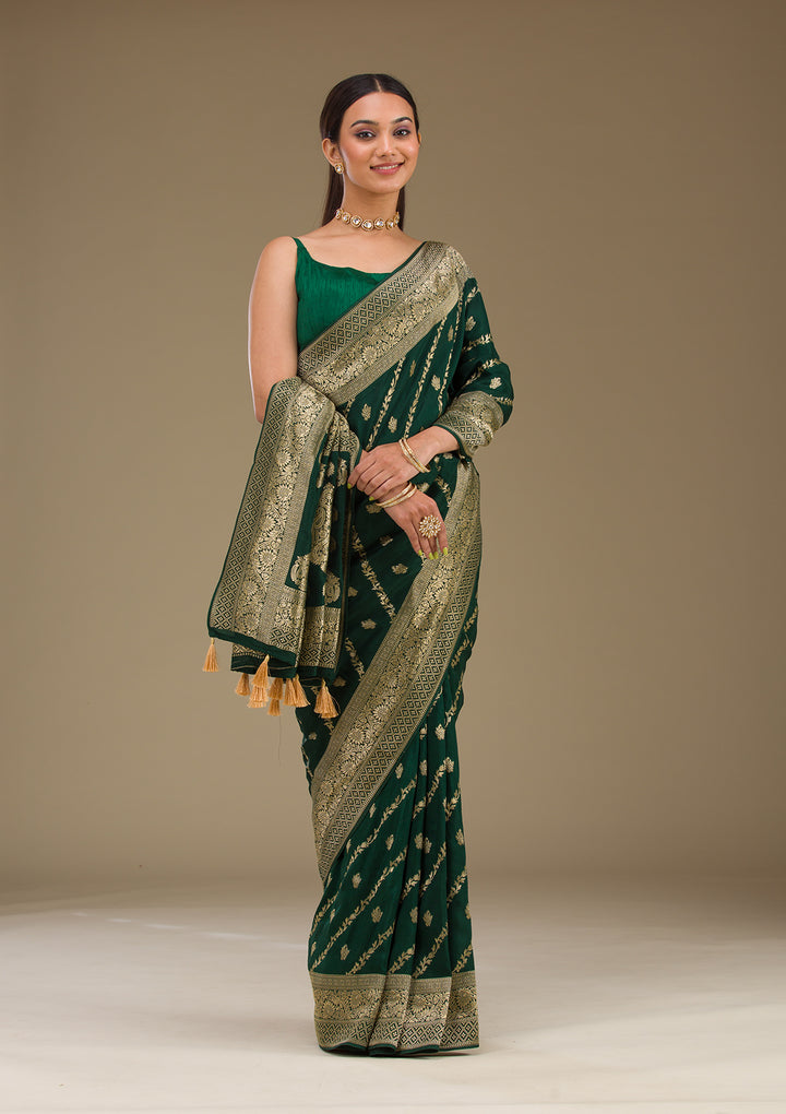 Bottle Green Zariwork Semi Crepe Saree