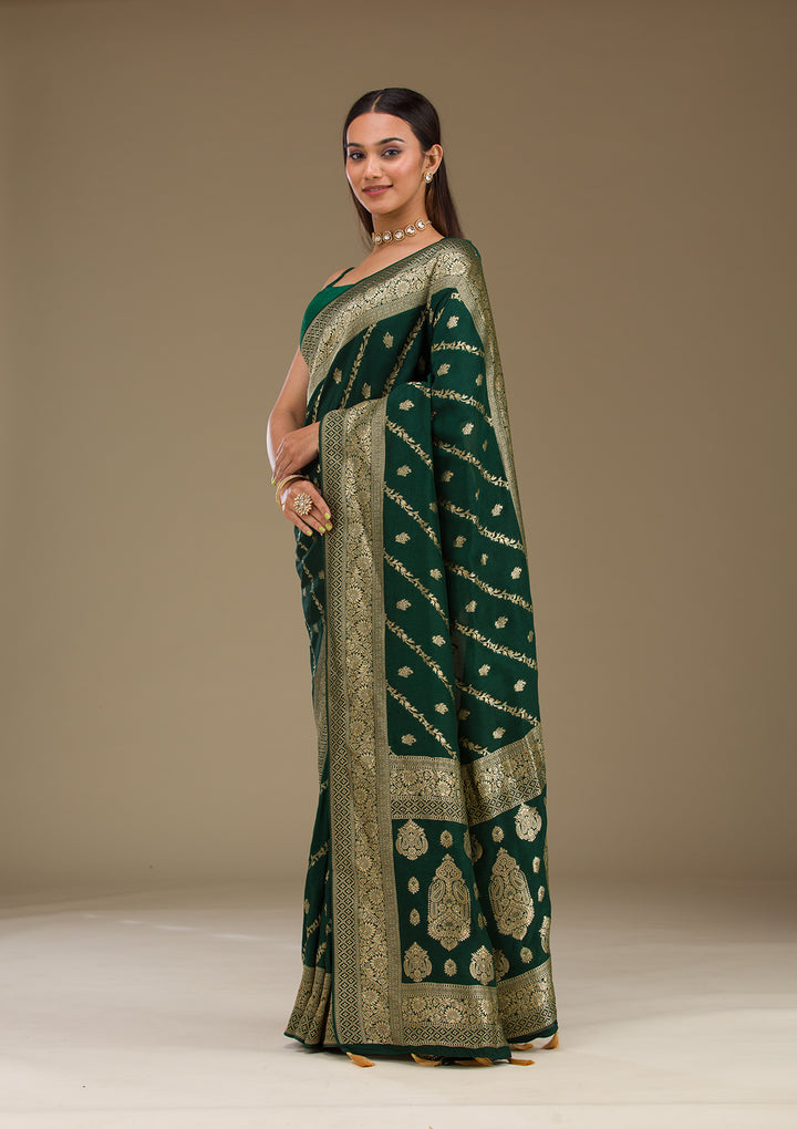 Bottle Green Zariwork Semi Crepe Saree