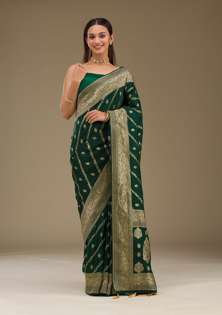 Bottle Green Zariwork Semi Crepe Saree