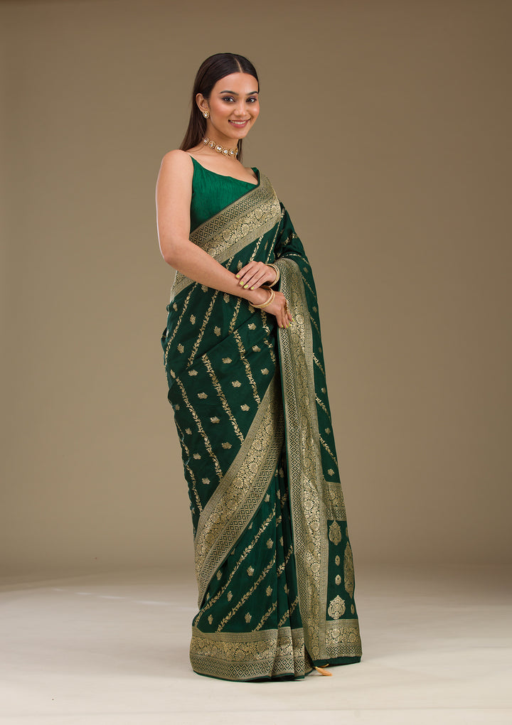 Bottle Green Zariwork Semi Crepe Saree
