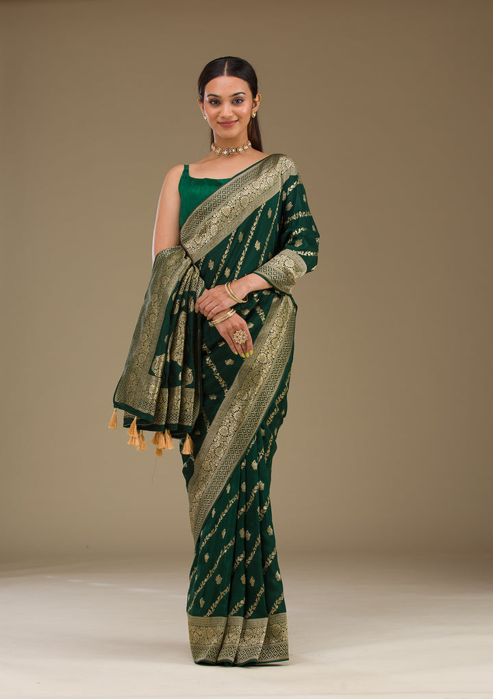 Bottle Green Zariwork Semi Crepe Saree