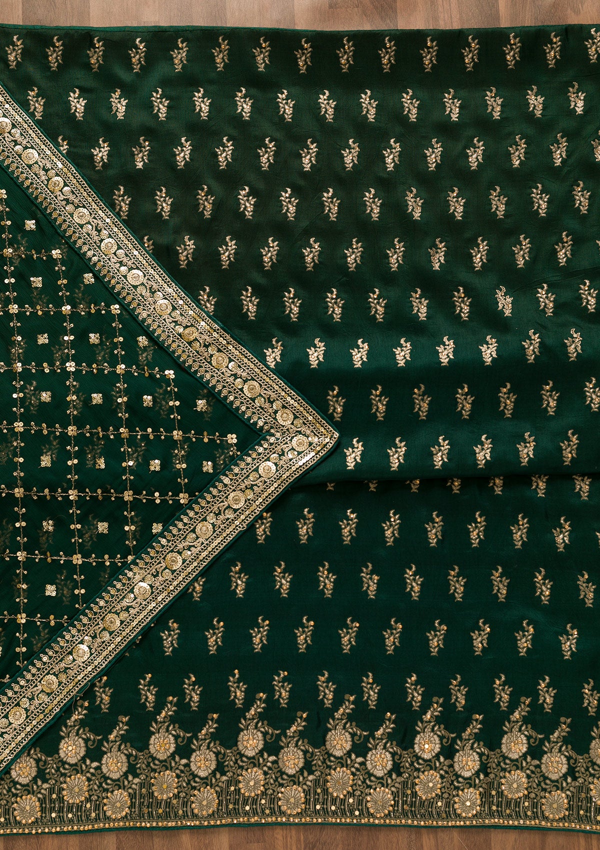 Bottle Green Zariwork Soft Silk Unstitched Salwar Suit-Koskii