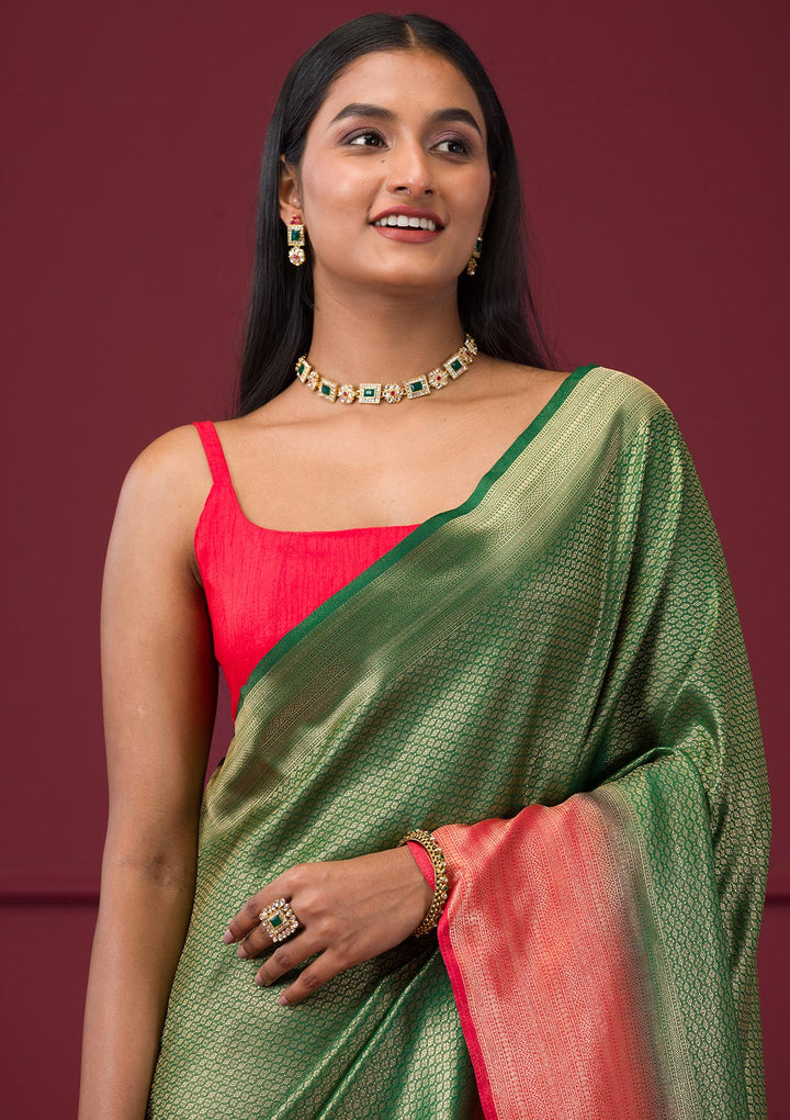 Bottle Green Zariwork Soft Silk Saree