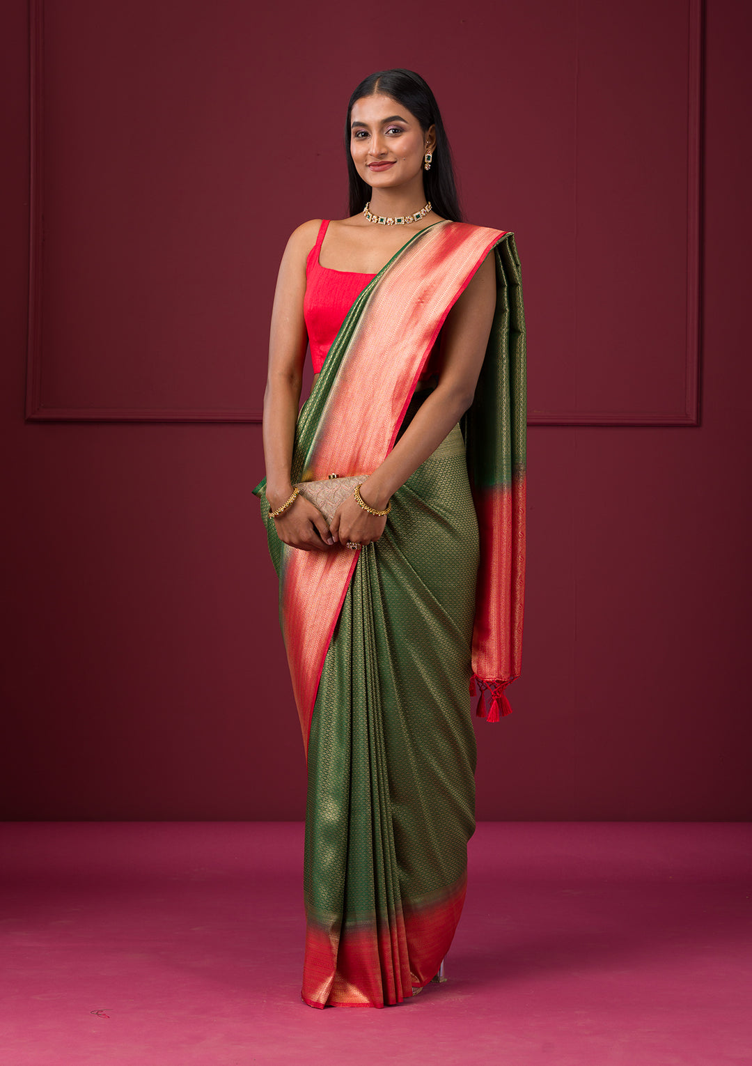 Bottle Green Zariwork Soft Silk Saree