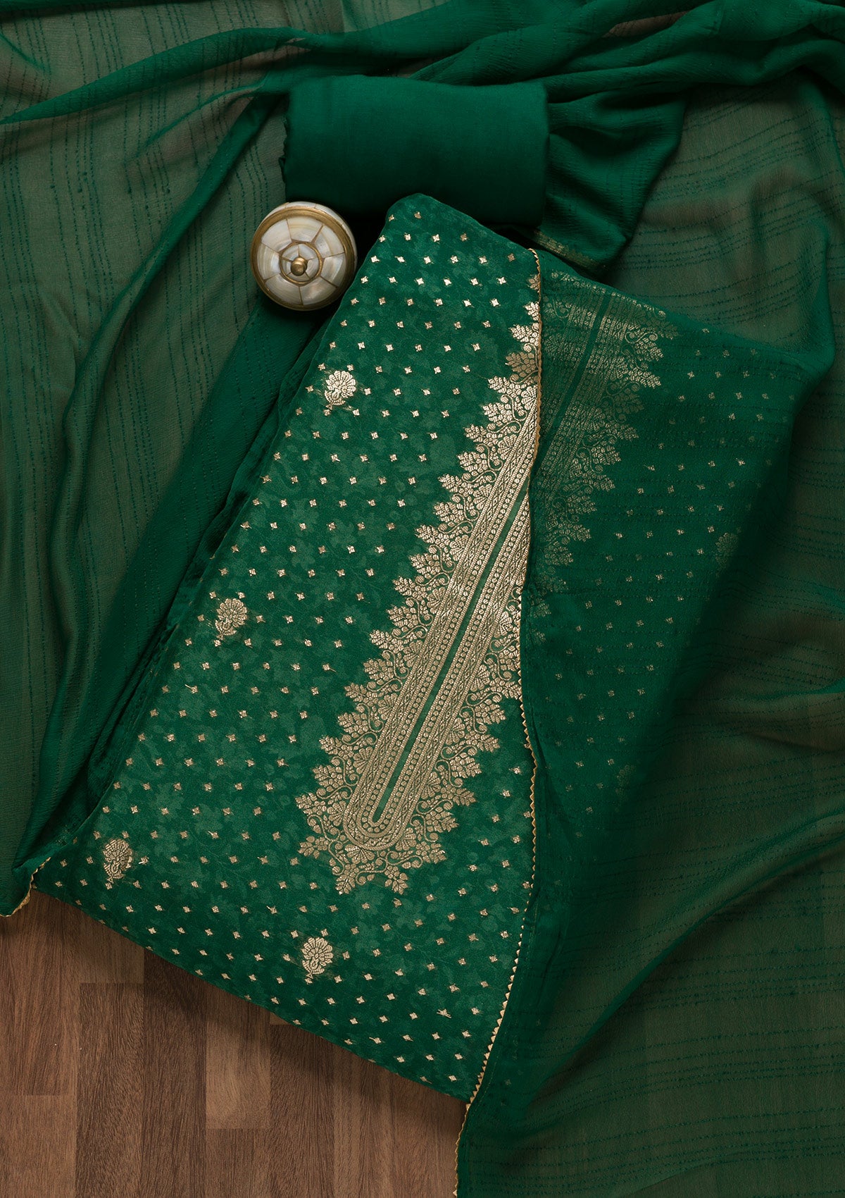 Bottle Green Zariwork Tissue Unstitched Salwar Suit