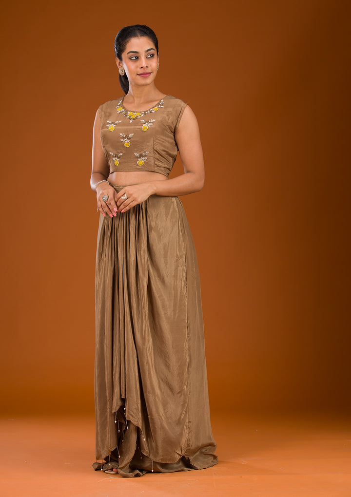 Brown Cutdana Georgette Readymade Salwar Suit