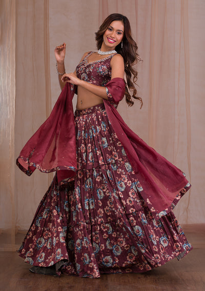 Brown Cutdana Satin Readymade Lehenga-Koskii