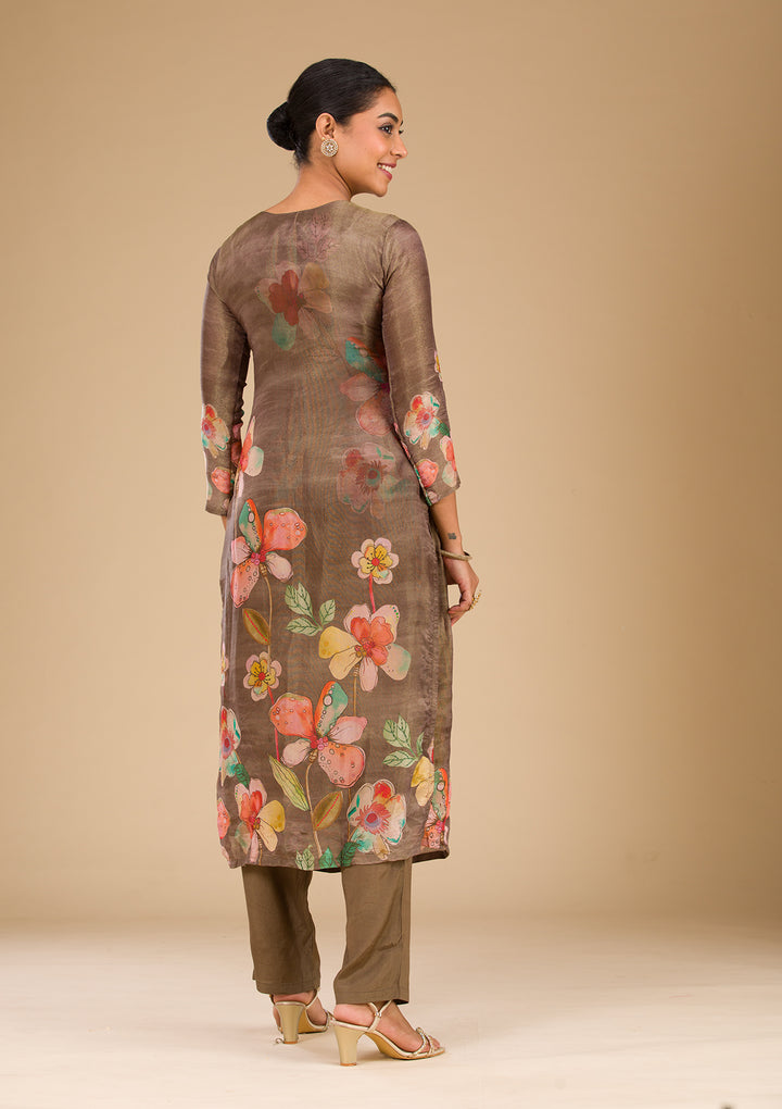 Brown Cutdana Tissue Readymade Salwar Suit