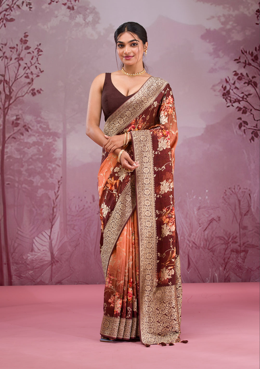 Brown Printed Georgette Saree