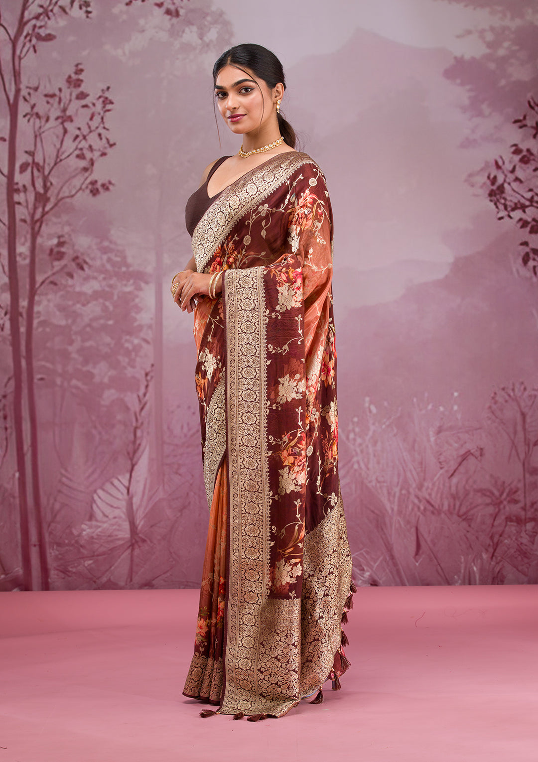 Brown Printed Georgette Saree