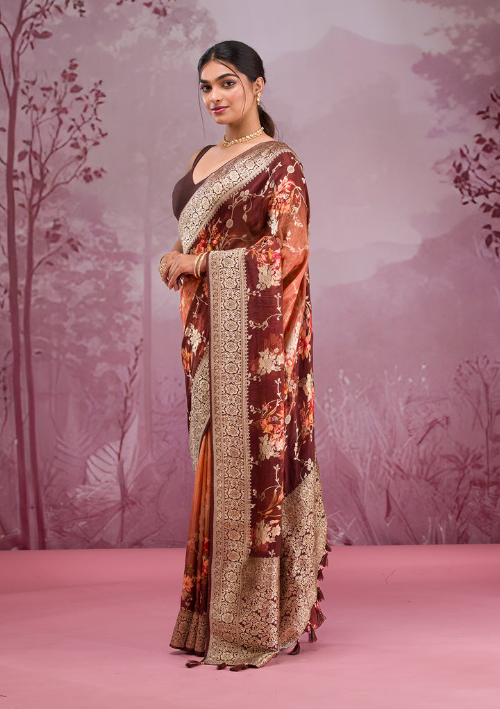 Brown Printed Georgette Saree