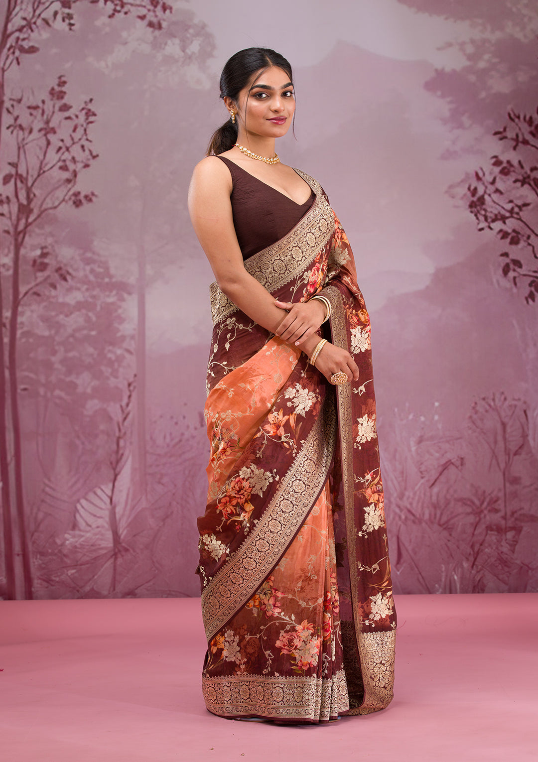 Brown Printed Georgette Saree